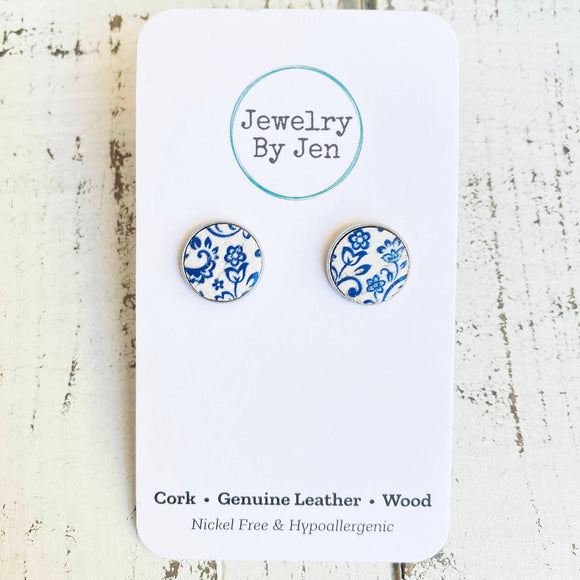 Blue & White Fine China Pattern Stud Earrings