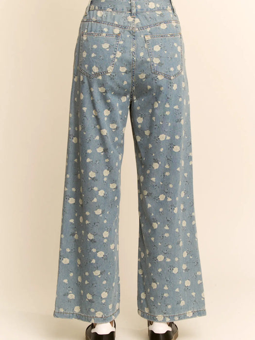 Floral Print High-Waisted Wide-Leg Denim Pants