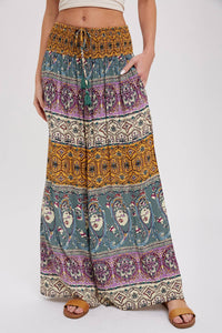 Boho Smocking Waist Wide Leg Pants