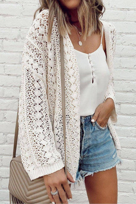 White Hollow Out Knit Drop Shoulder Cardigan