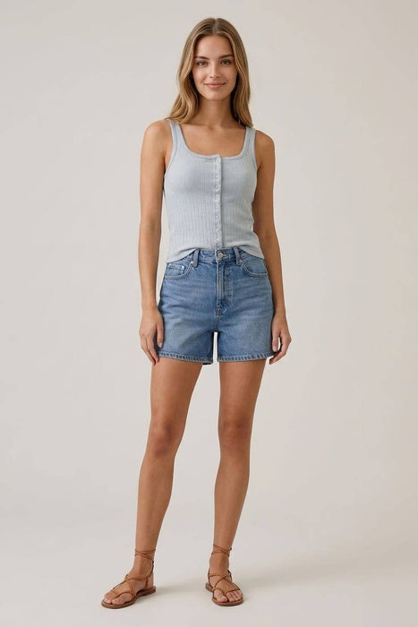 Light Blue Cotton Square Neck w/ Contrast Stitching Tank Top