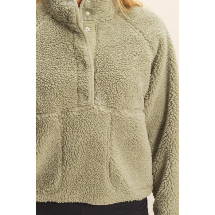 Soft Olive Sherpa Half Snap CROPPED Hoodie With Pockets