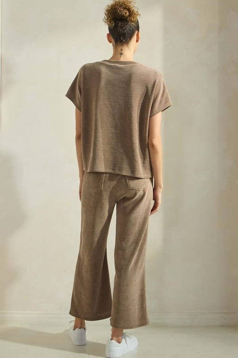 Mocha Corduroy Short Sleeve Top Cropped Pant Set (Sold separately)