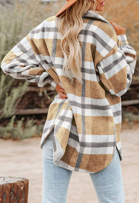 Khaki Plaid Button Flannel Shacket