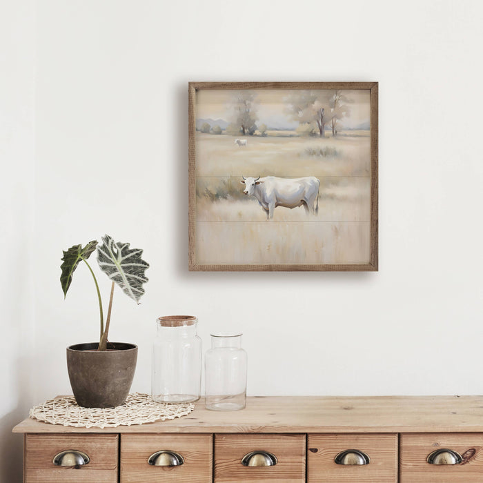 White Cow In Brown Field Framed Wall Art