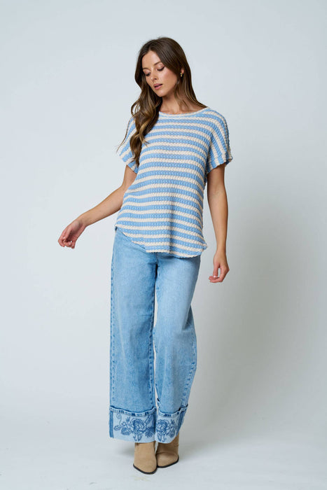 Dusty Blue Textured Stripe Knit Top