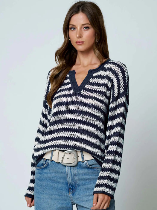 Navy Stripe Raw Edge Split Neck Sheer Knit Sweater