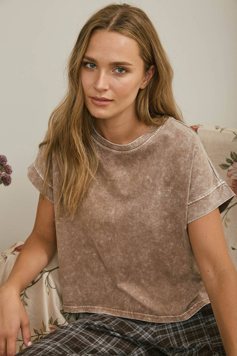 Cocoa Washed Short Sleeve Boxy Knit Top