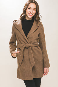 Deep Camel Fleece Belted Hoodie Coat