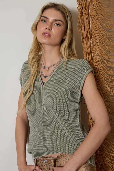 Indigo Raw Edge Short Sleeve Henley Sweater Knit Top