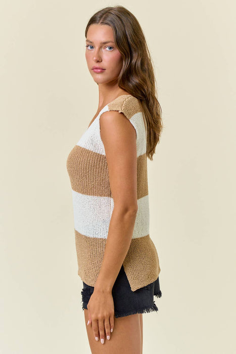 Scoop Neck Wide Striped Sweater Tank w/ Side Slit