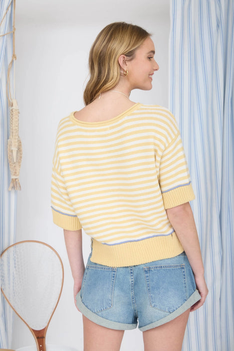 Yellow Stripe Raw Edge Detail Contrast Trim Sweater