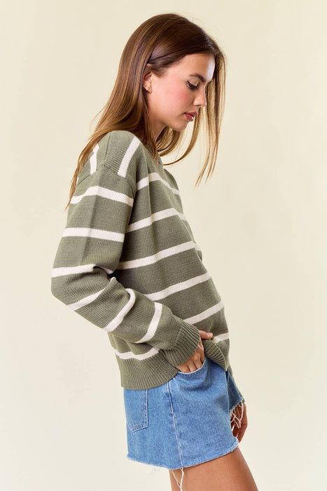 Olive Scallop Neckline Long Sleeve Striped Sweater Top