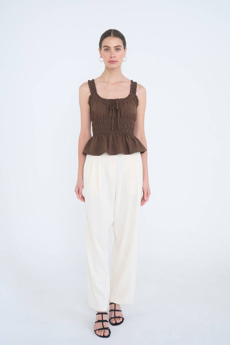 Brown Ruffled Front Tie Shirred Waist Tank Top