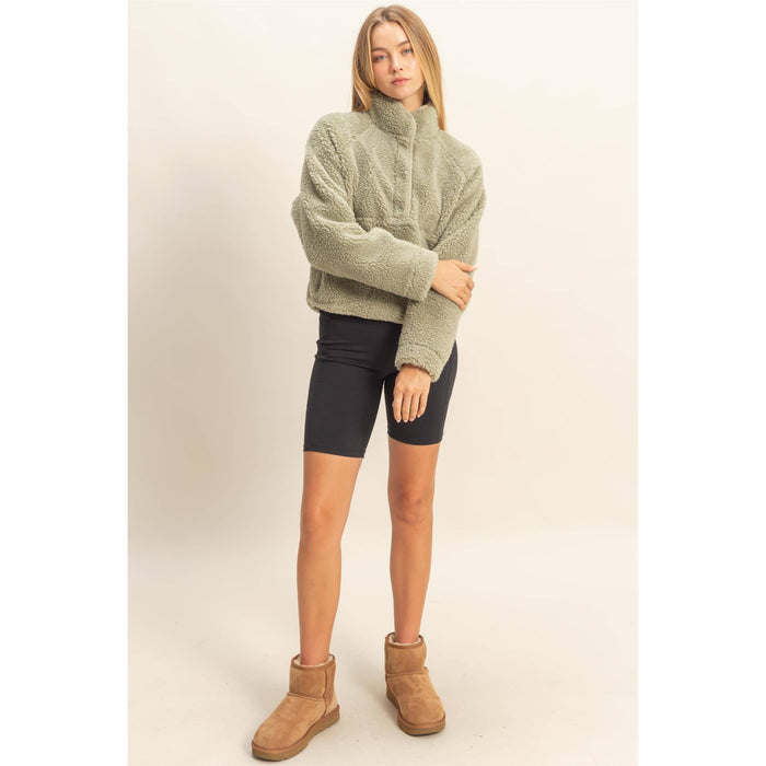 Soft Olive Sherpa Half Snap CROPPED Hoodie With Pockets