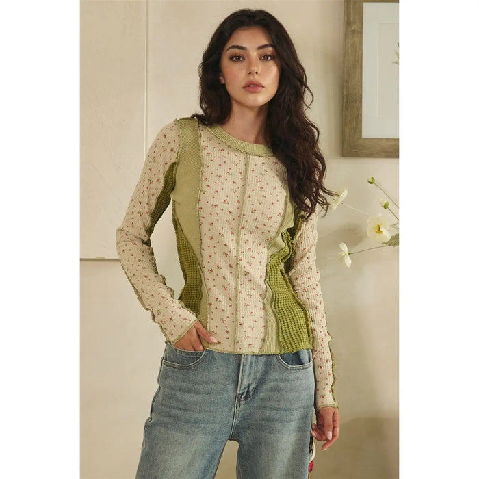 Green Washed Ditsy Print Waffle Mix Top