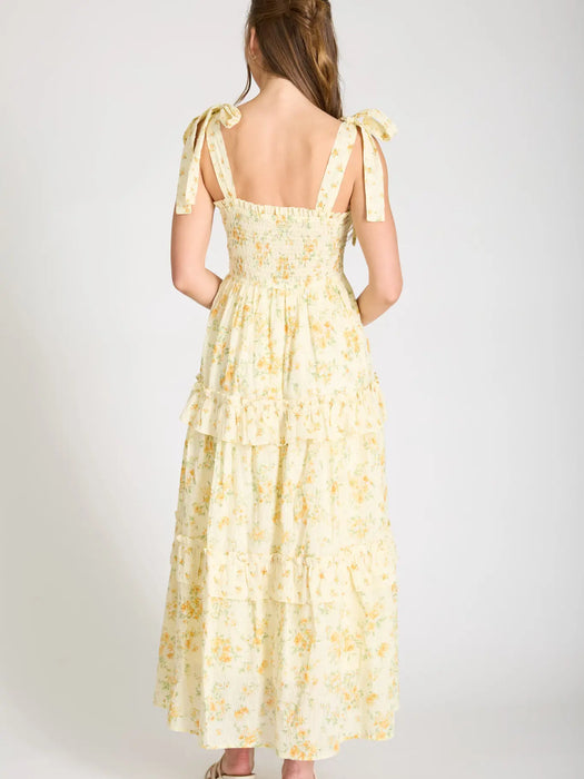 Floral Sweetheart Smocked Ruffle Detail Midi Dress