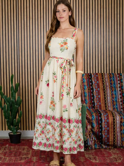 Floral Border Pattern Belt Strap Midi Dress