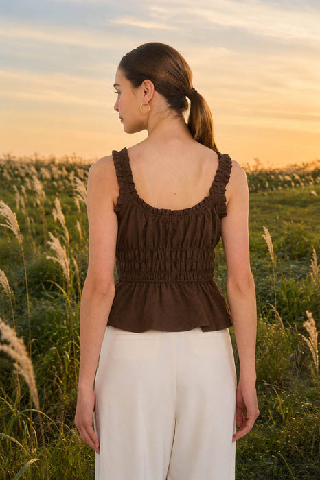 Brown Ruffled Front Tie Shirred Waist Tank Top