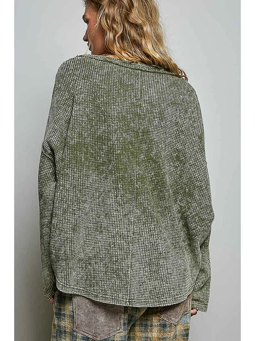 Olive Vintage Thermal Micro-Check Waffle Knit Solid Top
