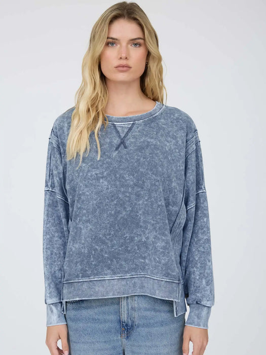 Blue Acid Wash Long Sleeve Side Slit Knit Top
