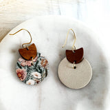 Sage Green/Pink Floral Crescent Leather Earrings 