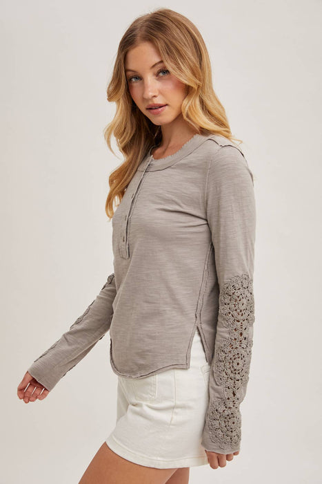 Crochet Patch Sleeved Half Button Round Neck Top