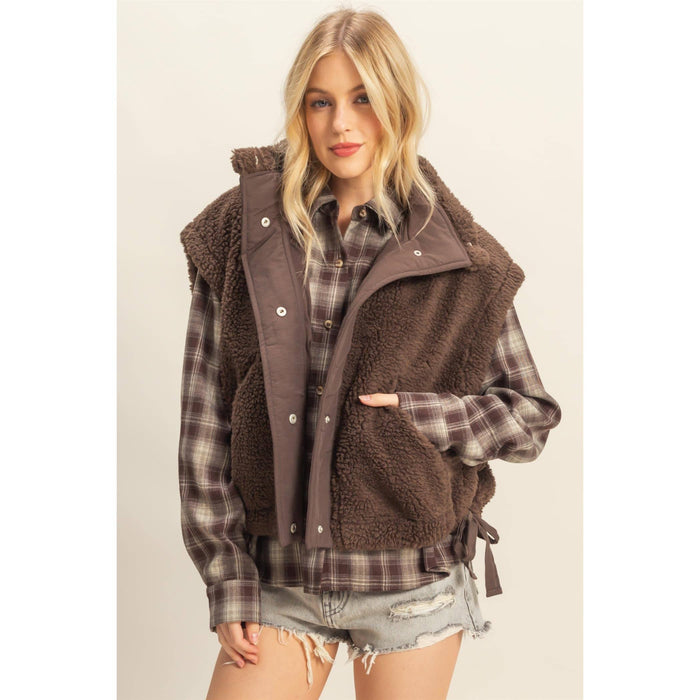 Brown Cozy Sherpa Vest Jacket with Tie-Up Side Details