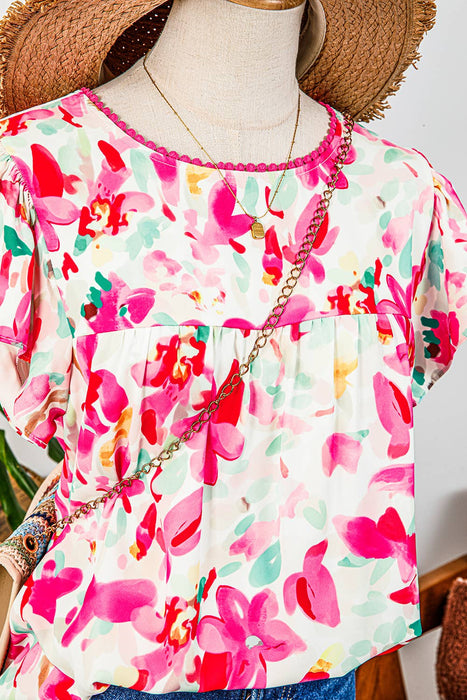 Floral Flutter Sleeve Round Neck Casual Blouse | S-XL
