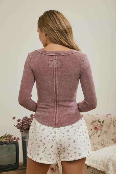 Maroon Washed Long Sleeve Ribbed Henley Top