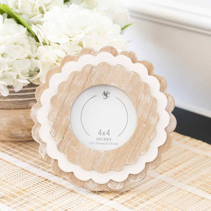 Natural + White Round Scallop Photo Frame - 4x4" Photo