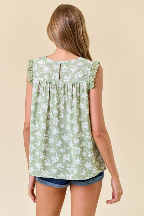 Floral Round Neck Lace Ruffle Flowy Blouse