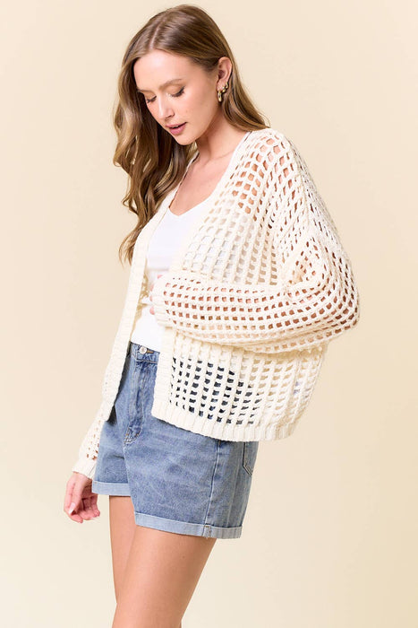Fishnet Cropped Open Cardigan - Off White