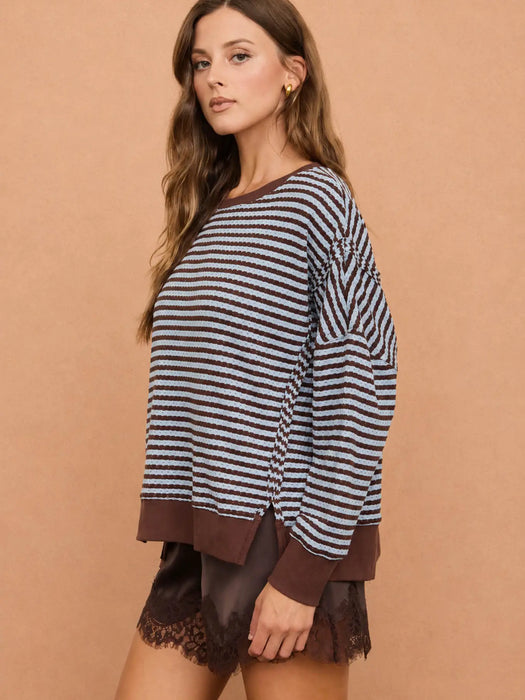 Blue/Brown Stripe Exposed Seam Long Sleeve Knit Top