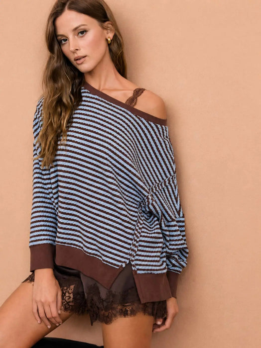 Blue/Brown Stripe Exposed Seam Long Sleeve Knit Top