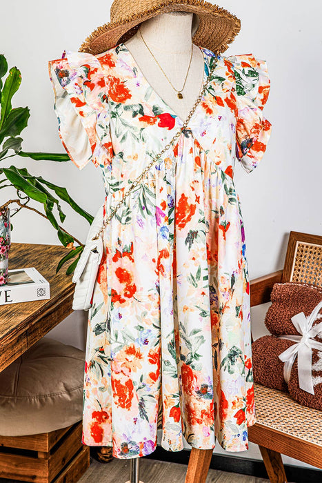 Floral Double Ruffle Sleeve High Waist Mini Dress | S-XL