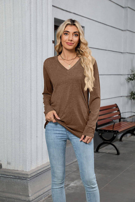 Mocha Soft V-Neck Long Sleeve Tunic Tee | Size S-2XL