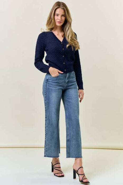 Indigo Pointelle Cardigan w/ Rose Buttons