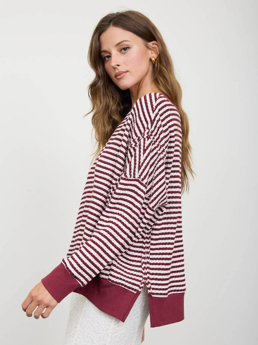 Burgundy Stripe Exposed Seam Long Sleeve Knit Top