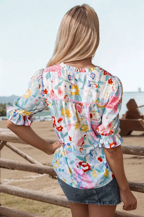 Boho Flower Print Half Puff Sleeve Blouse | S-XL