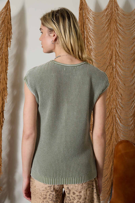 Indigo Raw Edge Short Sleeve Henley Sweater Knit Top