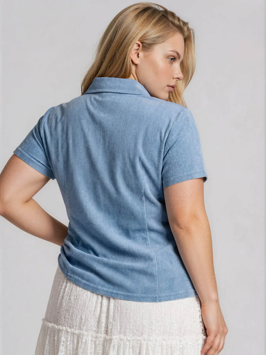PLUS Collared Button Down Cinched Waist Denim Top