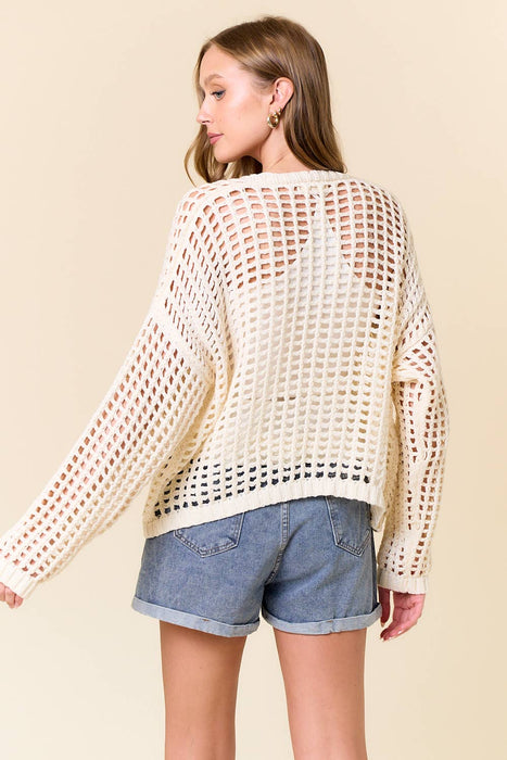 Fishnet Cropped Open Cardigan - Off White