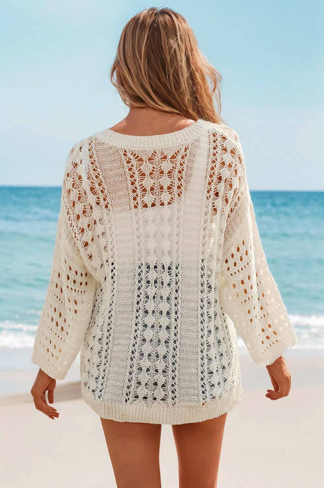 Fashion Hollow Out Knit 3/4 Sleeve Drop Shoulder Sweater | S-XL