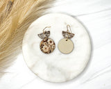 Cream and Brown Floral Pattern Circle Dangle Earrings