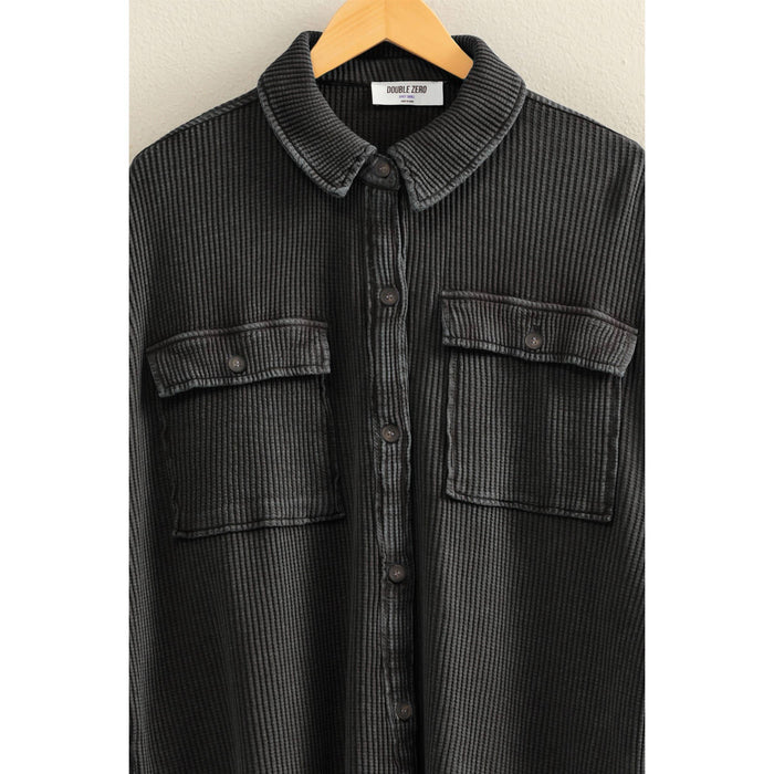 Black Oversized Mineral Washed Waffle Button Up Shacket