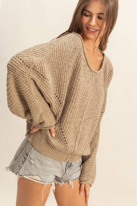 Olive Ribbed Drop Sleeve Sweater