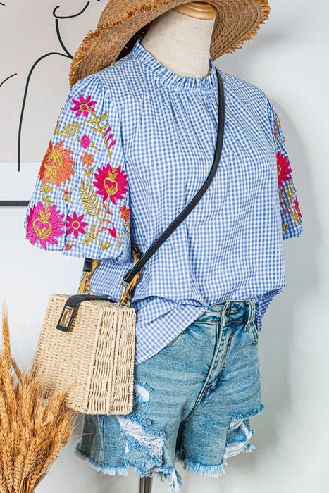 Gingham Floral Embroidered Puff Sleeve Blouse | S-XL