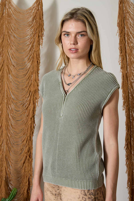Indigo Raw Edge Short Sleeve Henley Sweater Knit Top