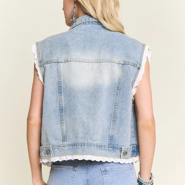 Denim Vest with Lace Trim